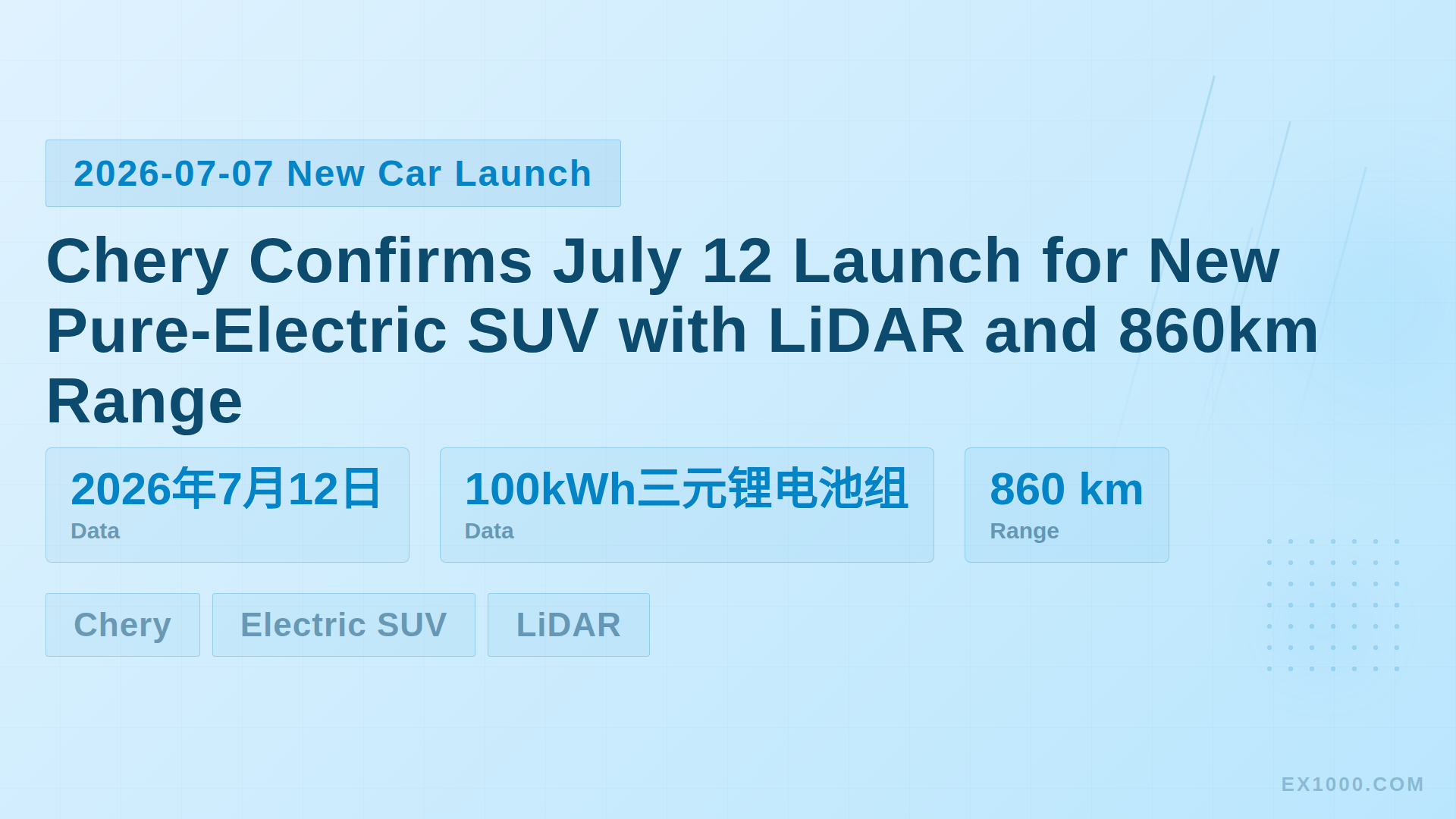 Chery Confirms July 12 Launch for New Pure-Electric SUV with LiDAR and 860km Range