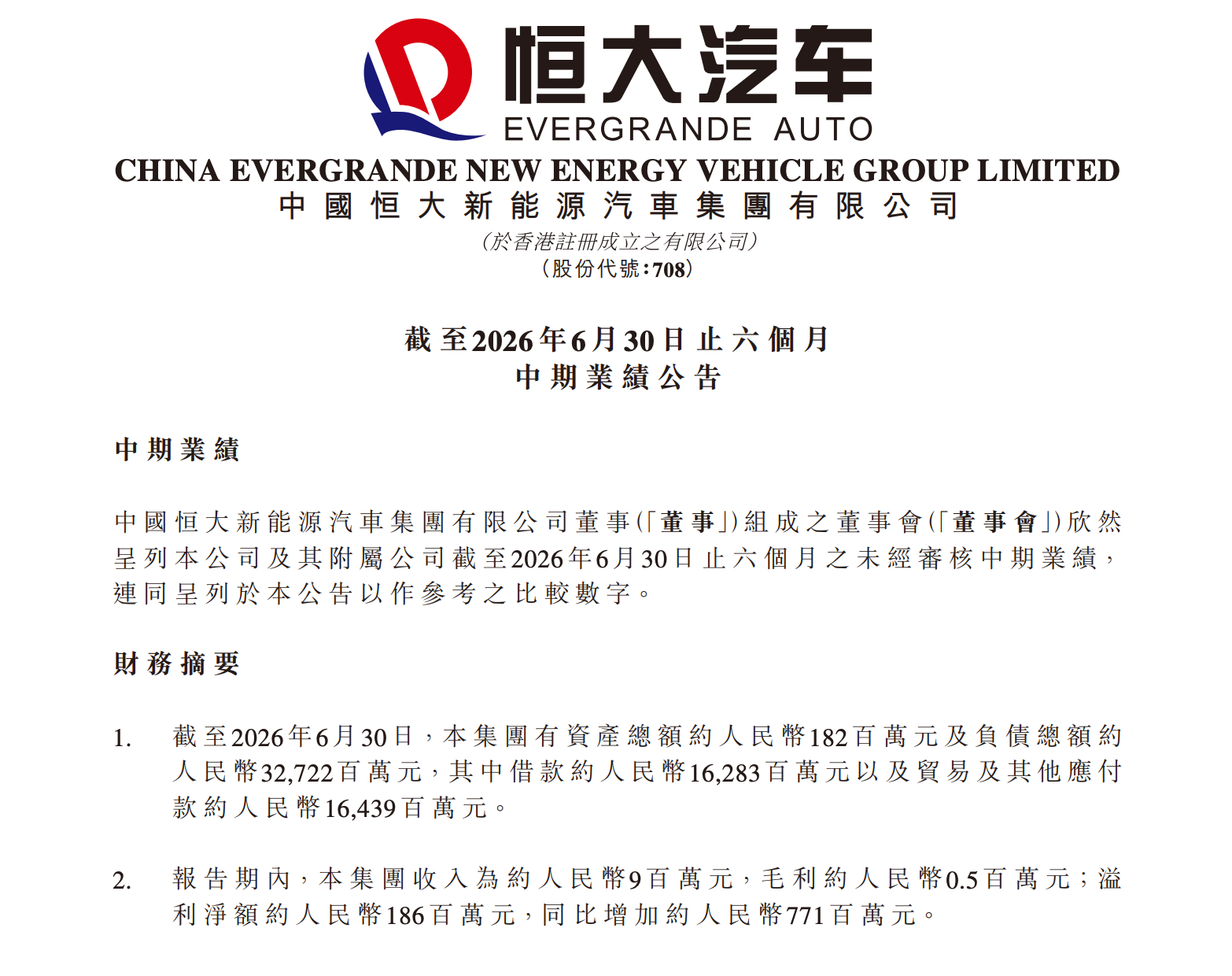 Evergrande Auto Confirms Exit from Vehicle Manufacturing: RMB182M Assets, RMB32.722B Liabilities