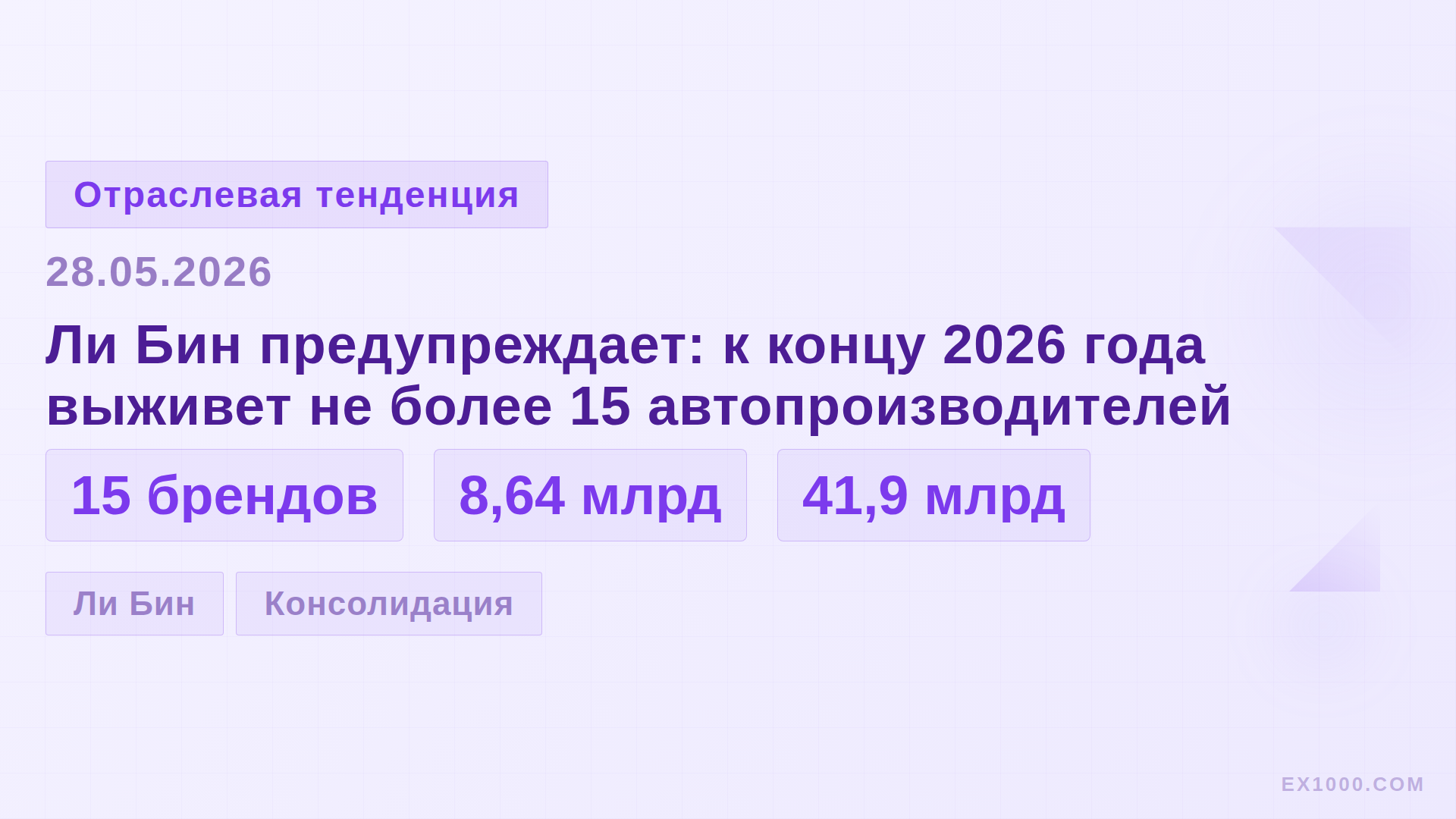 Ли Бин предупреждает: к концу 2026 года выживет не более 15 автопроизводителей