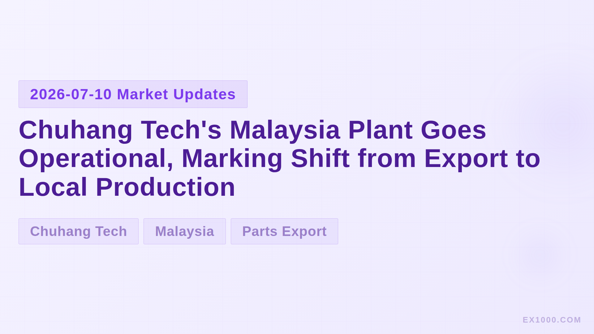 Chuhang Tech's Malaysia Plant Goes Operational, Marking Shift from Export to Local Production