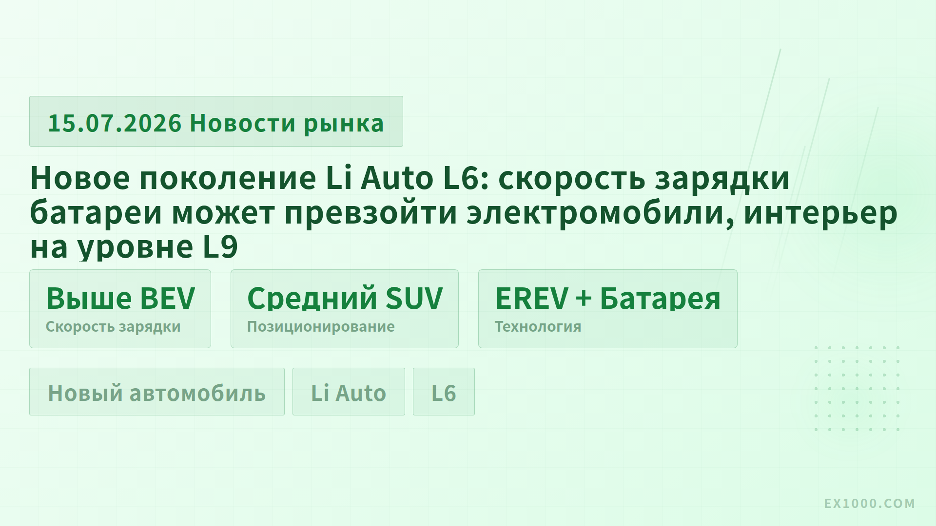 Новое поколение Li Auto L6: скорость зарядки батареи может превзойти электромобили, интерьер на уровне L9