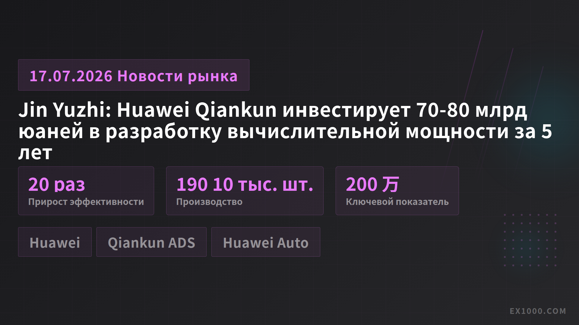 Jin Yuzhi: Huawei Qiankun инвестирует 70-80 млрд юаней в разработку вычислительной мощности за 5 лет