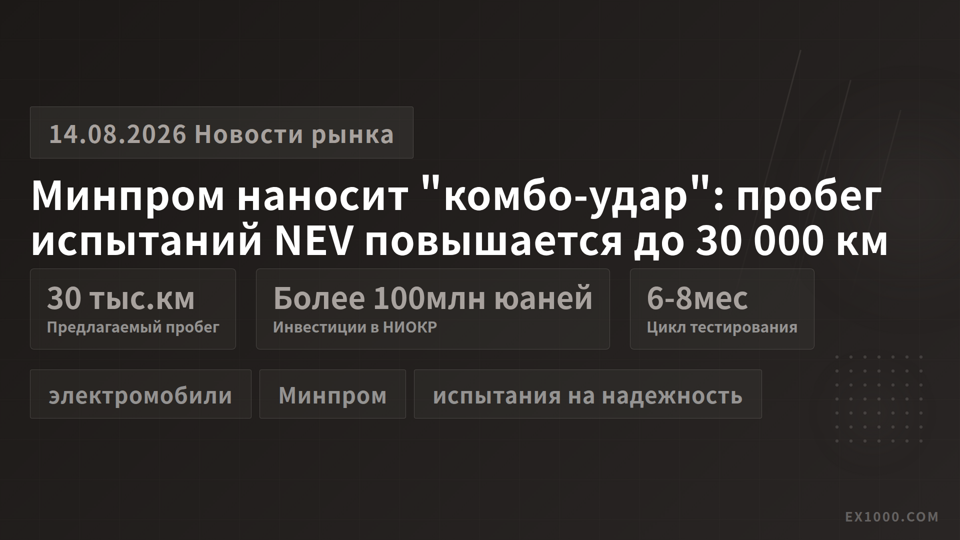 Минпром наносит "комбо-удар": пробег испытаний NEV повышается до 30 000 км
