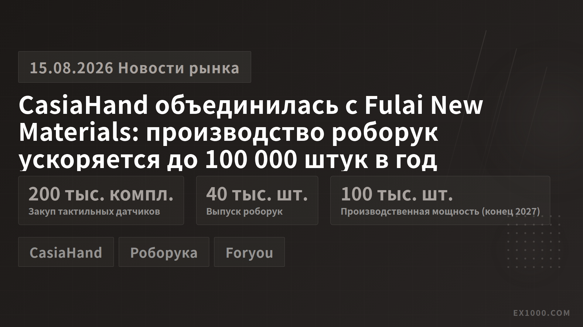 CasiaHand объединилась с Fulai New Materials: производство роборук ускоряется до 100 000 штук в год