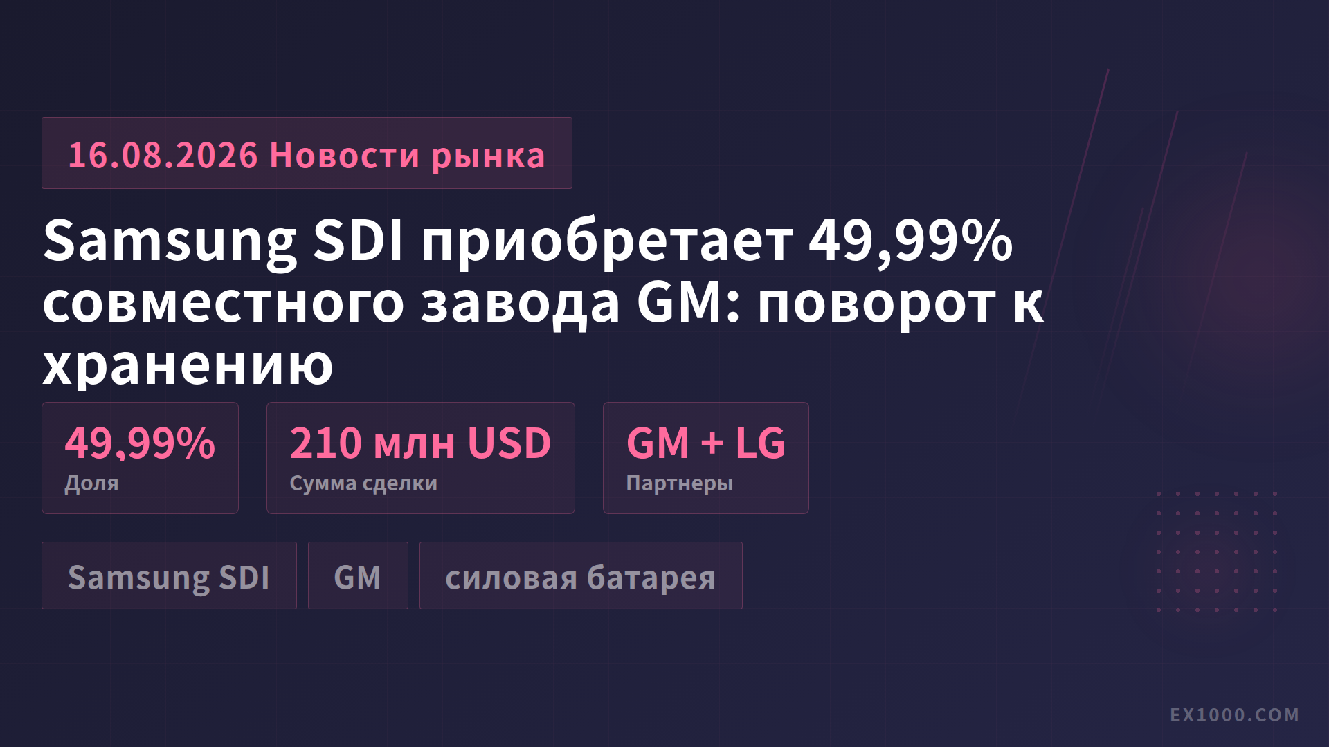 Samsung SDI приобретает 49,99% совместного завода GM: поворот к хранению