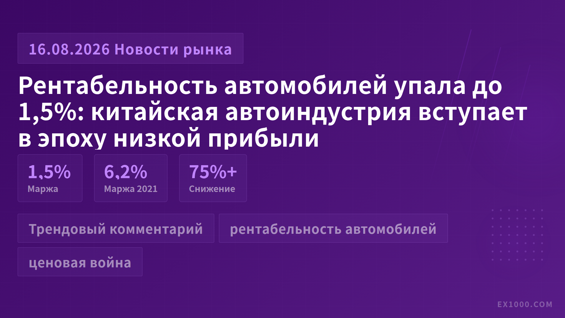 Рентабельность автомобилей упала до 1,5%: китайская автоиндустрия вступает в эпоху низкой прибыли