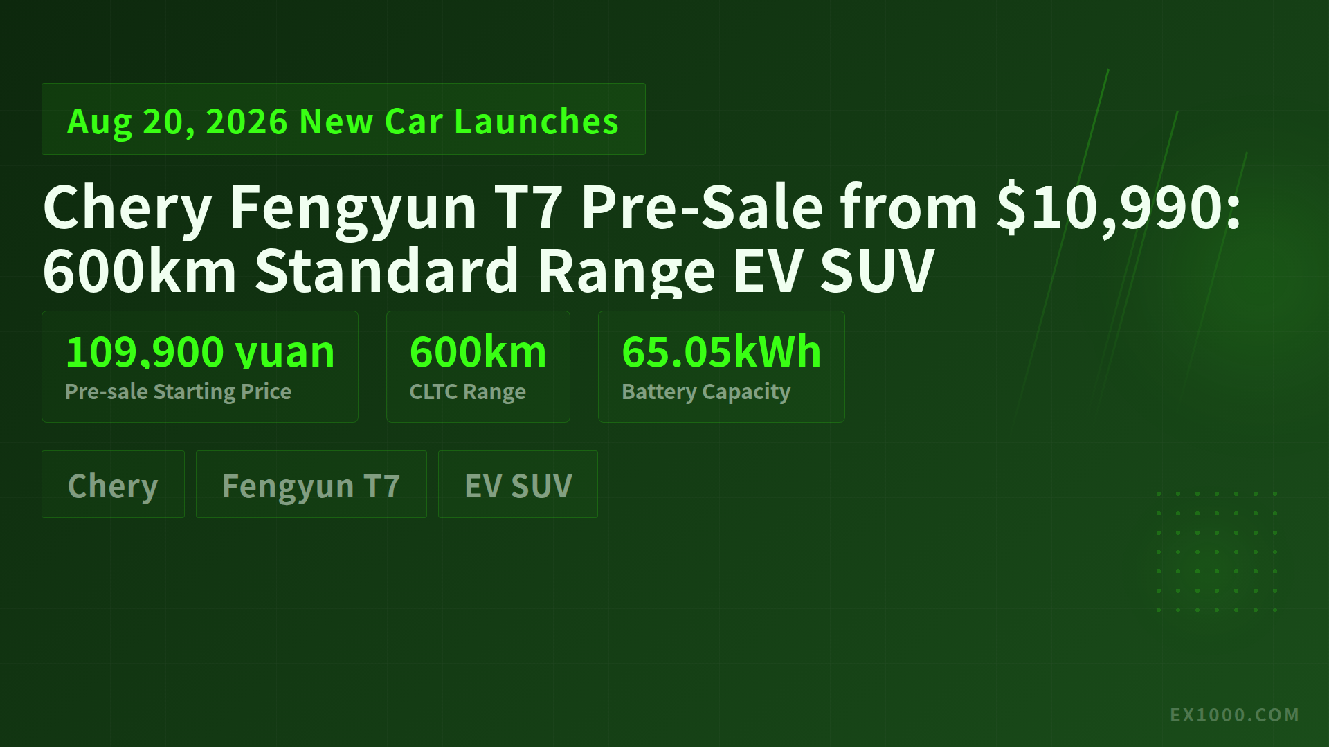 Chery Fengyun T7 Pre-Sale from $10,990: 600km Standard Range EV SUV