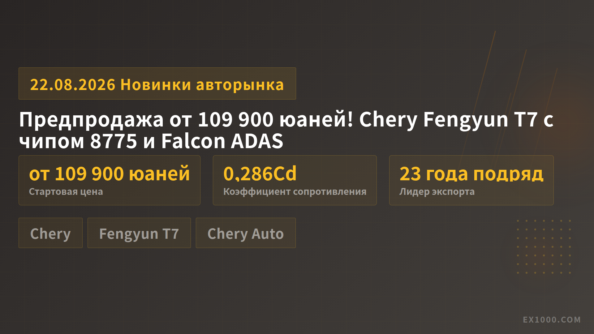 Предпродажа от 109 900 юаней! Chery Fengyun T7 с чипом 8775 и Falcon ADAS