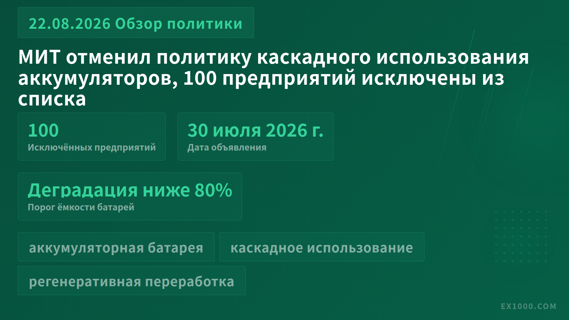 МИТ отменил политику каскадного использования аккумуляторов, 100 предприятий исключены из списка